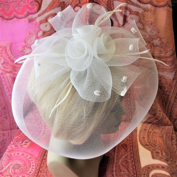 White Saucer Fascinator Mesh with White Rosette Saucer Hair Accessory - Picture 7 of 14